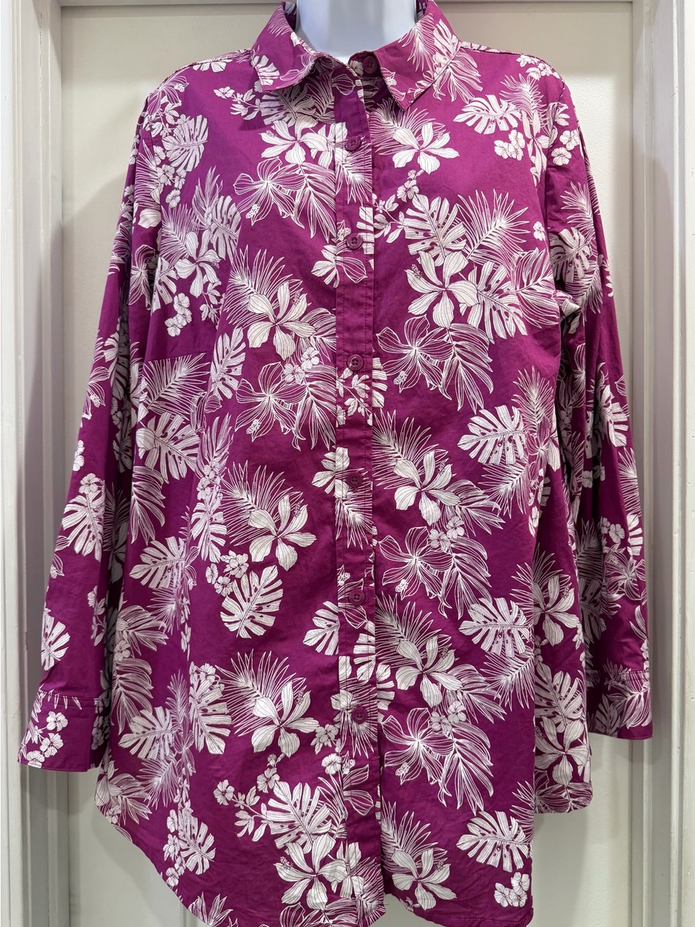 Woman Within Tropical Floral Button Down Long Sleeve Blouse Top 18/20 Large